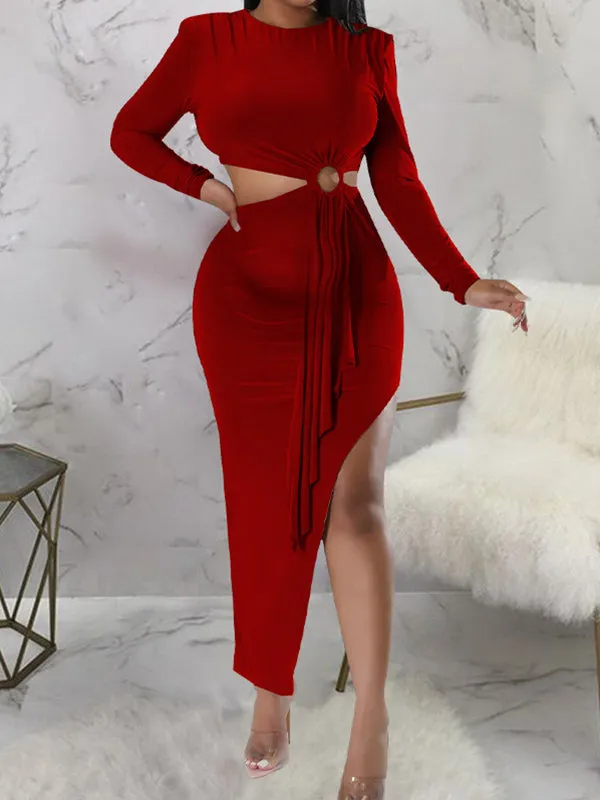 Momnfancy Solid Color Side Slit Belt Bare Waist Baby Shower Bodycon Maternity Elegant Midi Dress