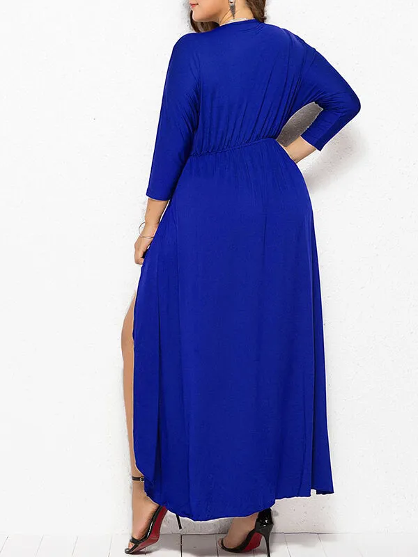 Momnfancy Solid Slit  V-neck Long Sleeve High-low Plus Size Maternity Midi Dress