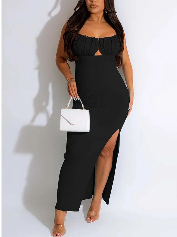 Momnfancy Spaghetti Strap Belly Friendly Backless Side Slit Cut Out Babyshower Maternity Maxi Dress