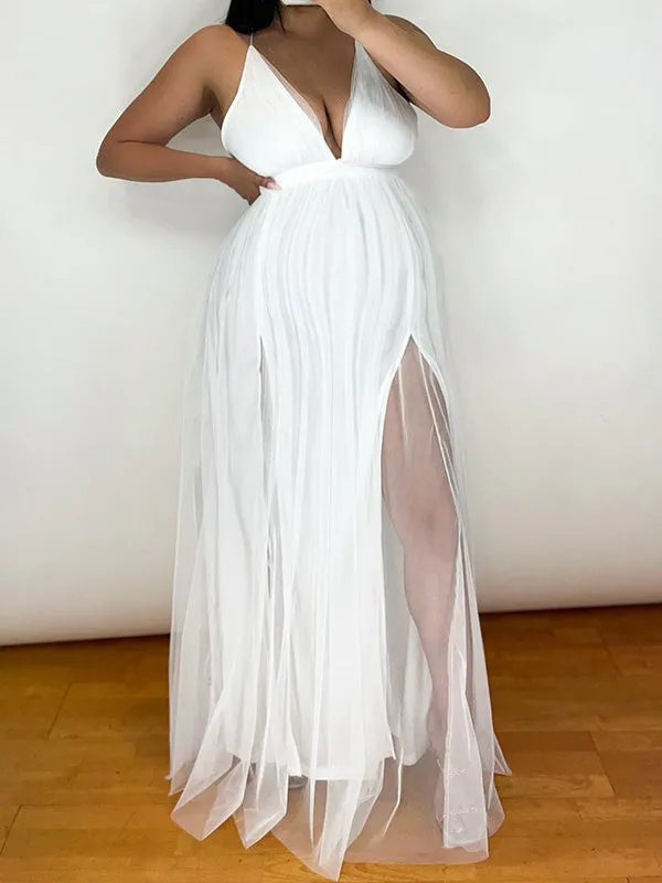 Momnfancy Spaghetti Strap Side Slit Sleeveless White Babyshower Evening Maternity Maxi Dress