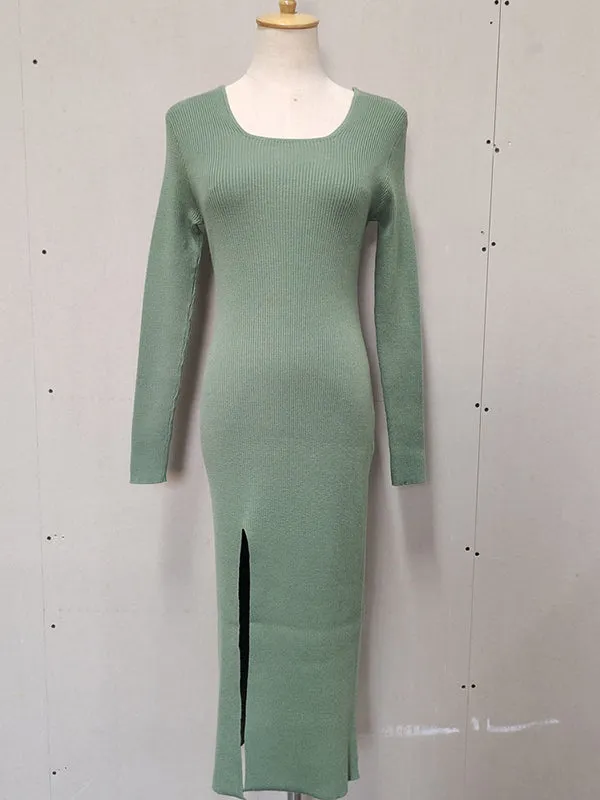 Momnfancy Turquoise Square Neck Long Sleeve Knitting Slit Baby Shower Maternity Midi Dress