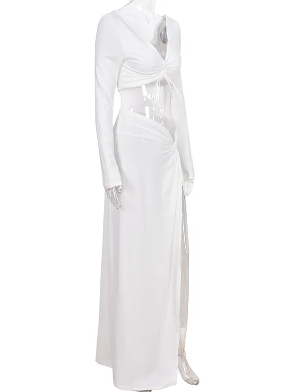 Momnfancy White 2-in-1 Cut Out Side Slit Drawstring V-neck Fashion Photoshoot Maternity Maxi Dress