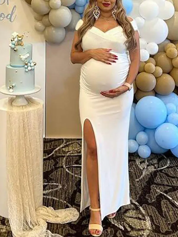 Momnfancy White Off Shoulder Side Slit Babyshower Wedding Prom Party Maternity Maxi Dress