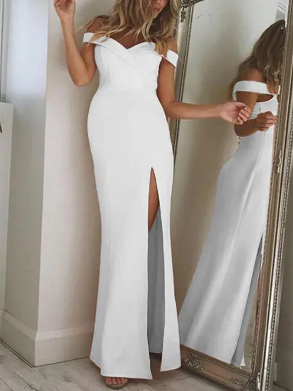 Momnfancy White Off Shoulder Side Slit Babyshower Wedding Prom Party Maternity Maxi Dress