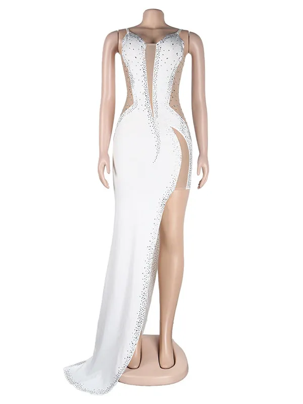 Momnfancy White Rhinestone Mesh Sheer Side Slit Bodycon Evening Photoshoot Gown Maternity Maxi Dress