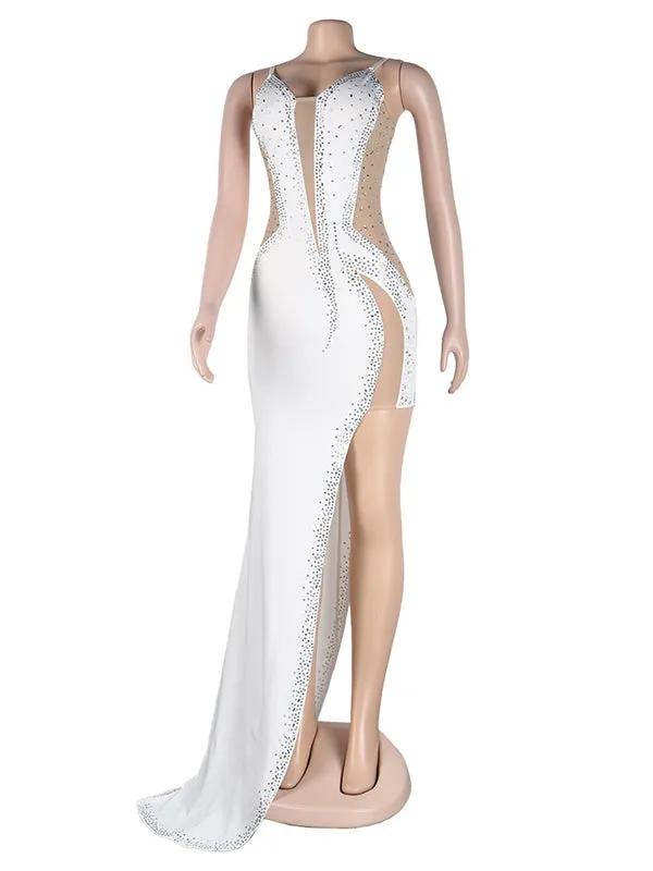 Momnfancy White Rhinestone Mesh Sheer Side Slit Bodycon Evening Photoshoot Gown Maternity Maxi Dress