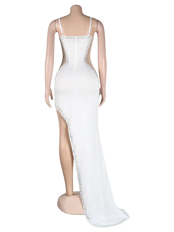 Momnfancy White Rhinestone Mesh Sheer Side Slit Bodycon Evening Photoshoot Gown Maternity Maxi Dress