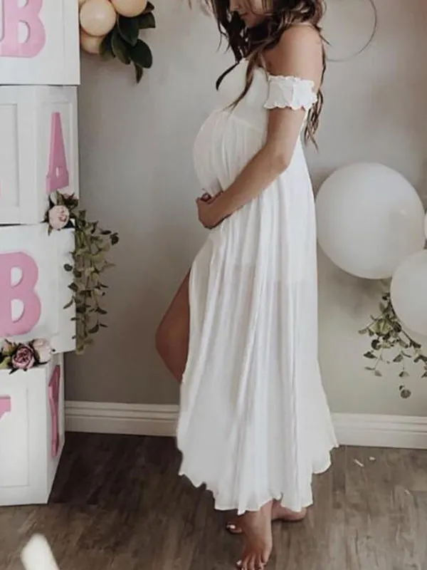 Momnfancy White Ruffle Off Shoulder Slit Baby Shower Photoshoot Bohemain Prom Maternity Maxi Dress