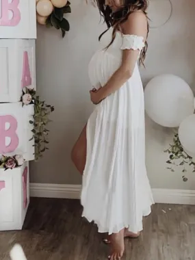 Momnfancy White Ruffle Off Shoulder Slit Baby Shower Photoshoot Bohemain Prom Maternity Maxi Dress