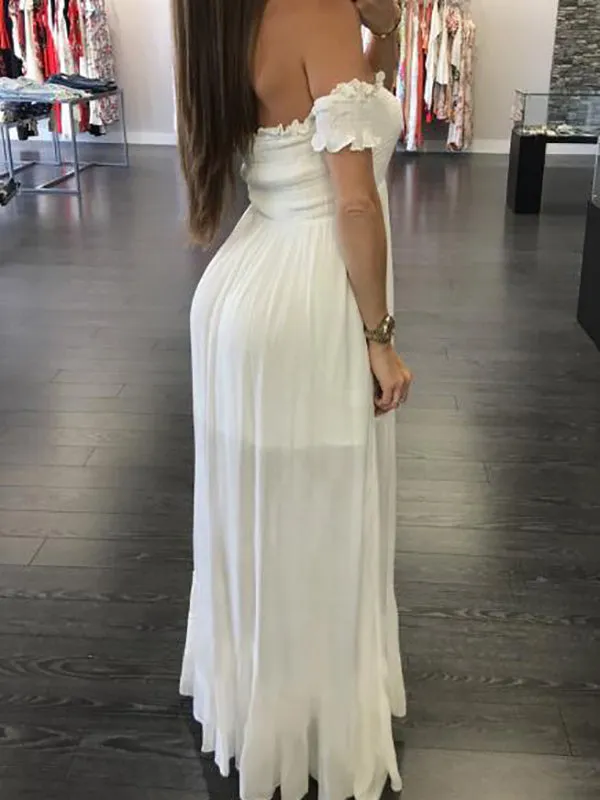 Momnfancy White Ruffle Off Shoulder Slit Baby Shower Photoshoot Bohemain Prom Maternity Maxi Dress