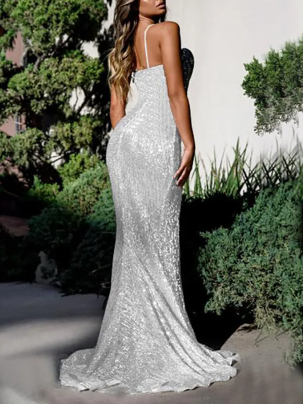 Momnfancy White Sequin Spaghetti Strap Side Slit Mermaid Evening Party Maternity Maxi Dress