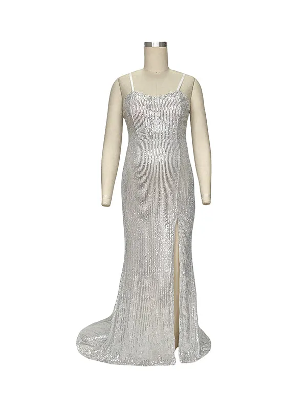 Momnfancy White Sequin Spaghetti Strap Side Slit Mermaid Evening Party Maternity Maxi Dress