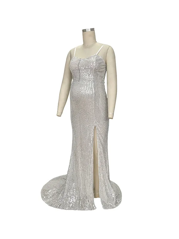 Momnfancy White Sequin Spaghetti Strap Side Slit Mermaid Evening Party Maternity Maxi Dress