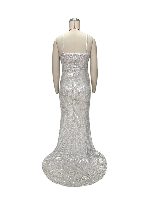 Momnfancy White Sequin Spaghetti Strap Side Slit Mermaid Evening Party Maternity Maxi Dress