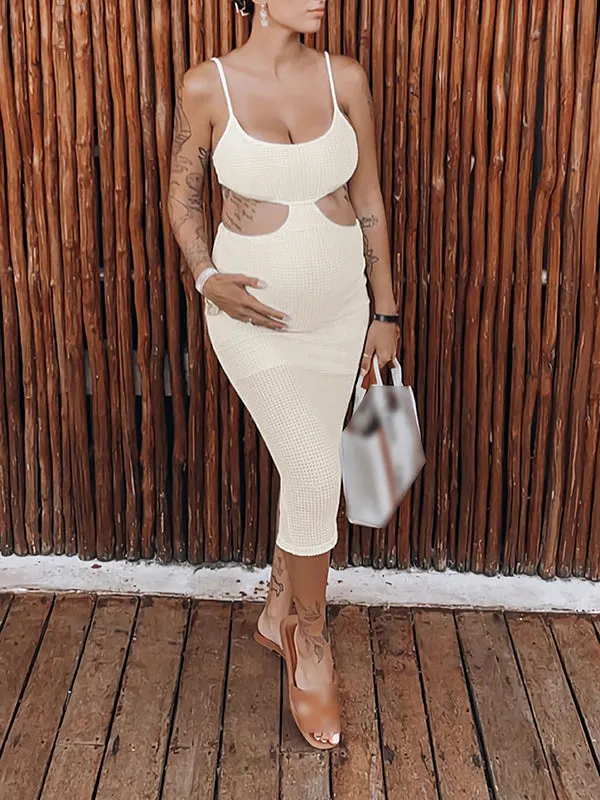 Momnfancy White Spaghetti Straps Cut Out Bodycon Backless Slit U-neck Holiday Maternity Maxi Dress