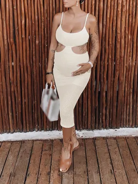 Momnfancy White Spaghetti Straps Cut Out Bodycon Backless Slit U-neck Holiday Maternity Maxi Dress