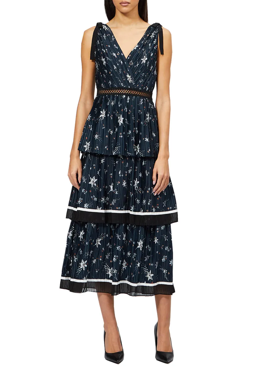 Navy Star Print Satin Tiered Midi Dress