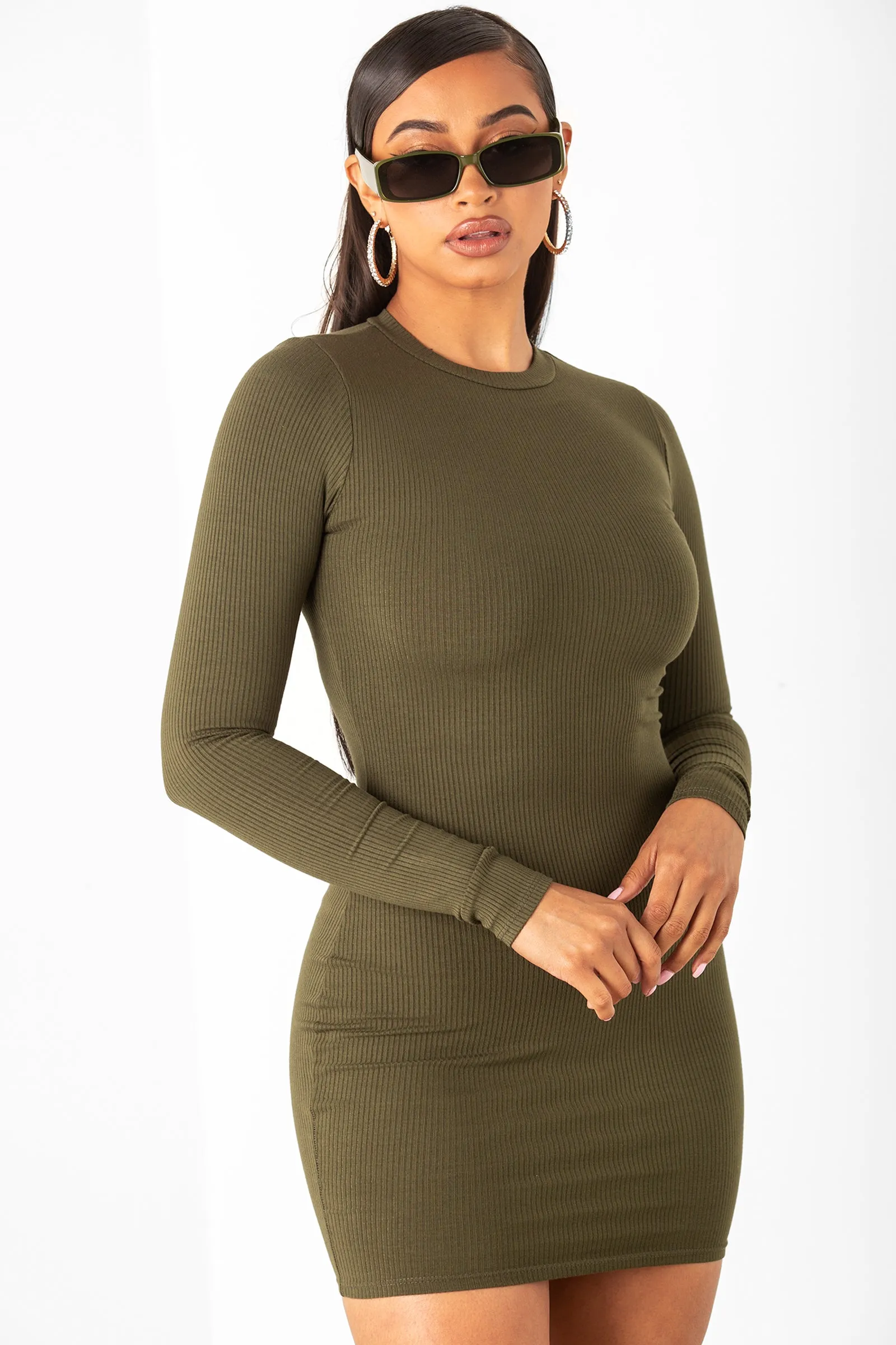 Olive Ribbed Long Sleeve Dress