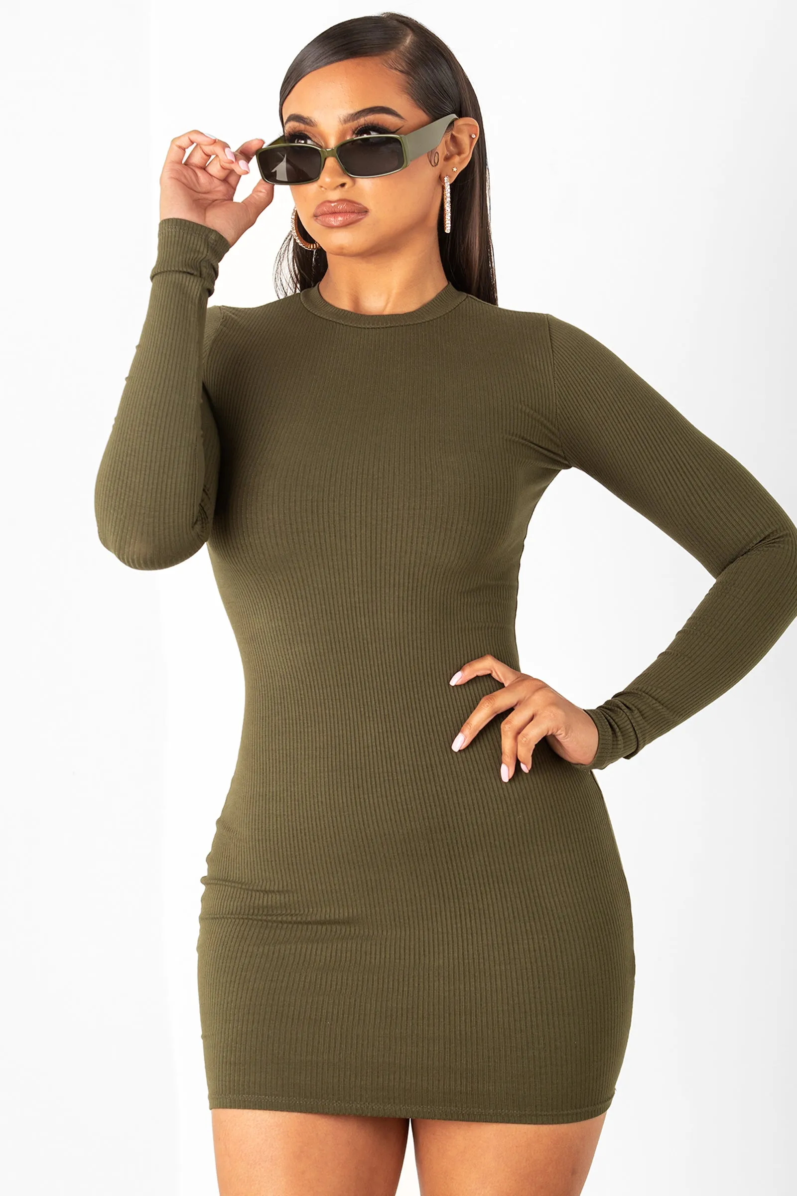 Olive Ribbed Long Sleeve Dress