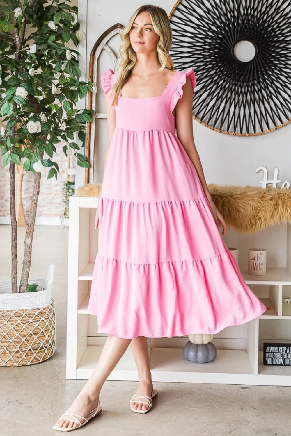 Patches Ruffled Sleeveless Tiered Midi Dress