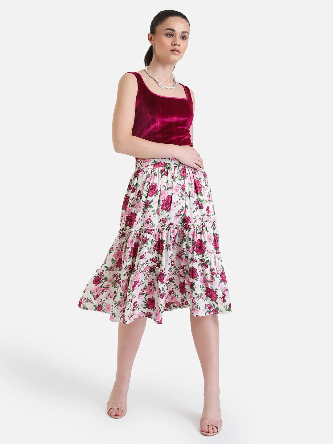 Printed Tiered Midi Skirt