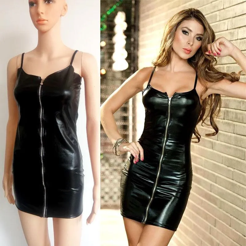 PU Leather Bodycon Glossy Night Club Mini Dress