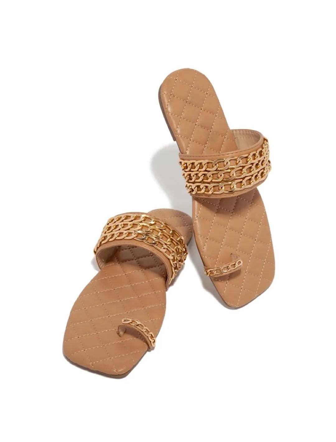 Pu Leather Chain Detailed Flat Slides