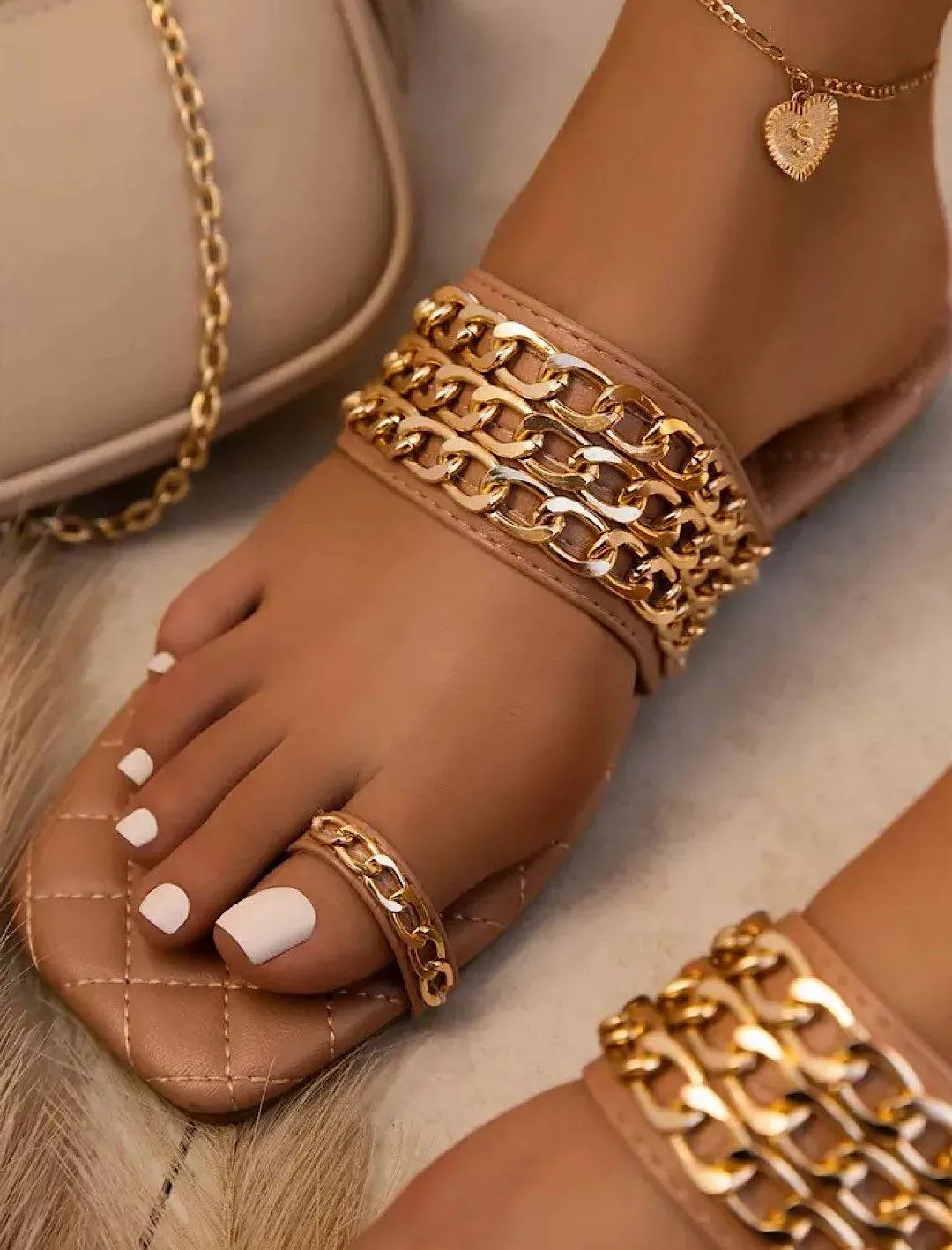 Pu Leather Chain Detailed Flat Slides