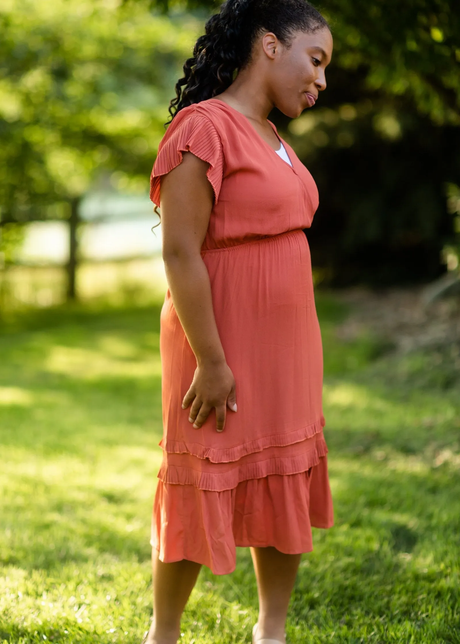 REDIRECT Rust Tiered Pleated Ruffle Midi Dress