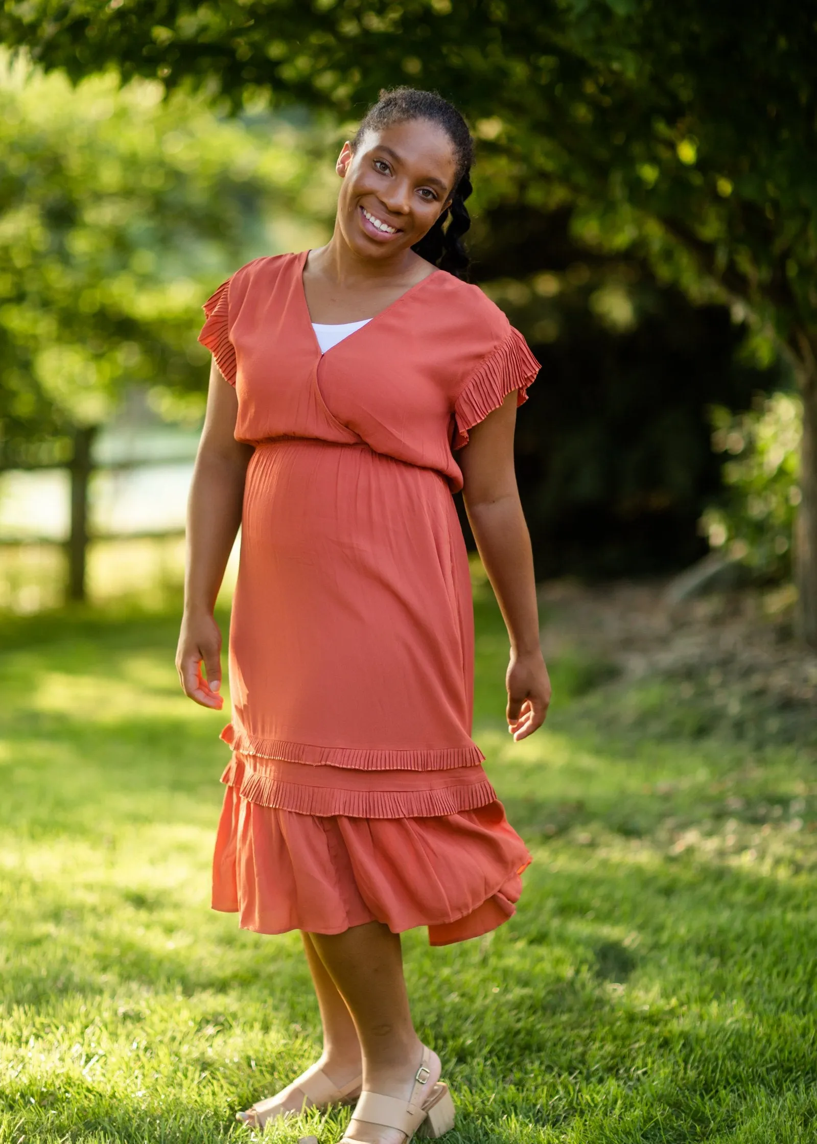 REDIRECT Rust Tiered Pleated Ruffle Midi Dress