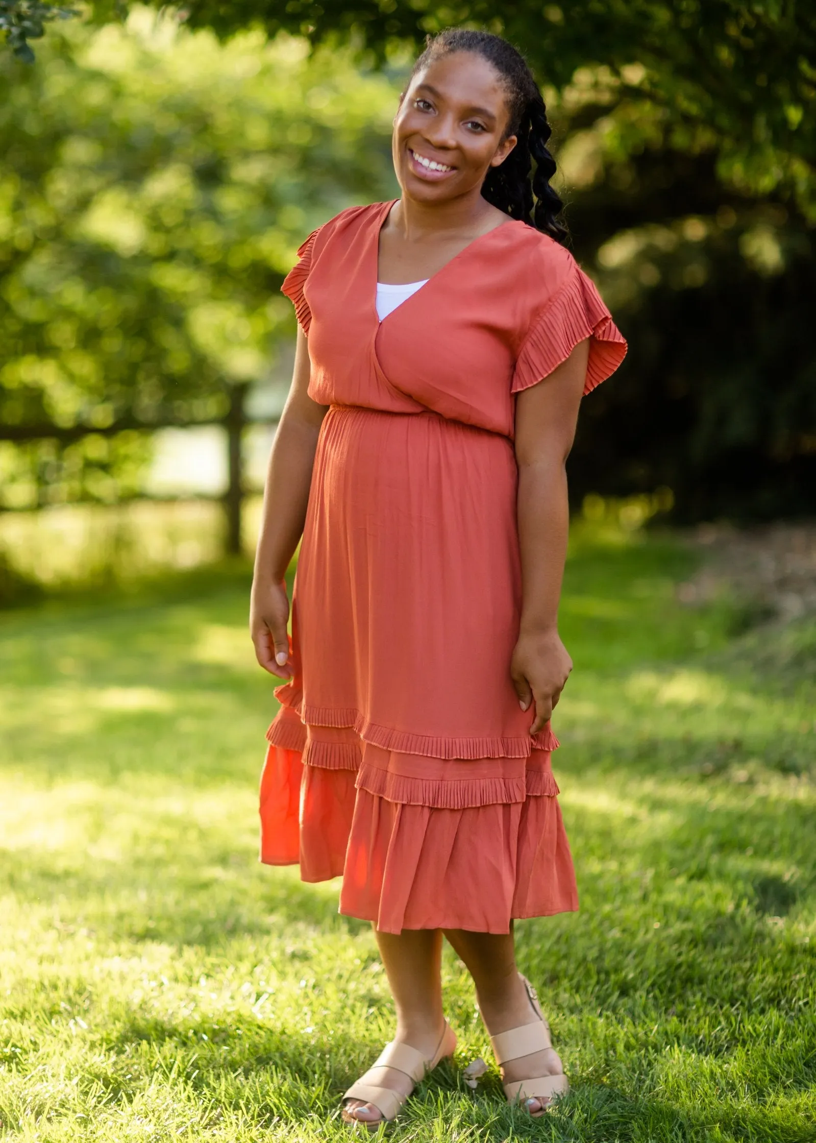 REDIRECT Rust Tiered Pleated Ruffle Midi Dress