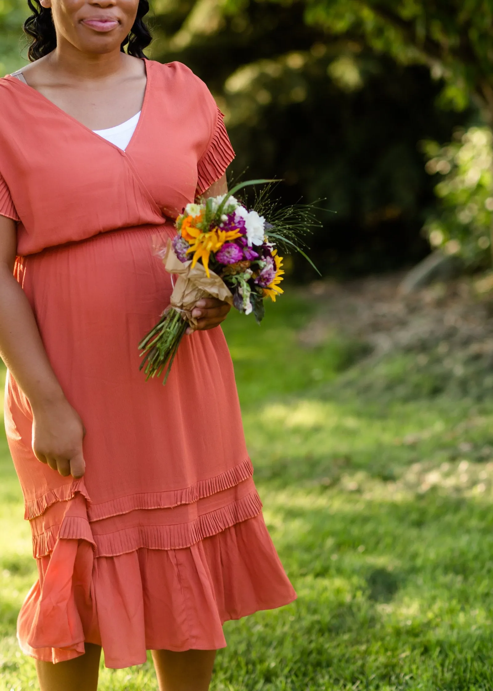 REDIRECT Rust Tiered Pleated Ruffle Midi Dress