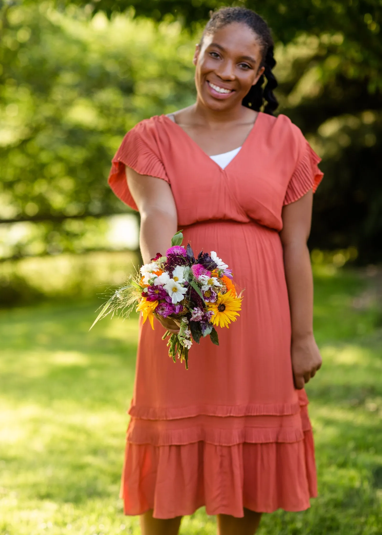 REDIRECT Rust Tiered Pleated Ruffle Midi Dress