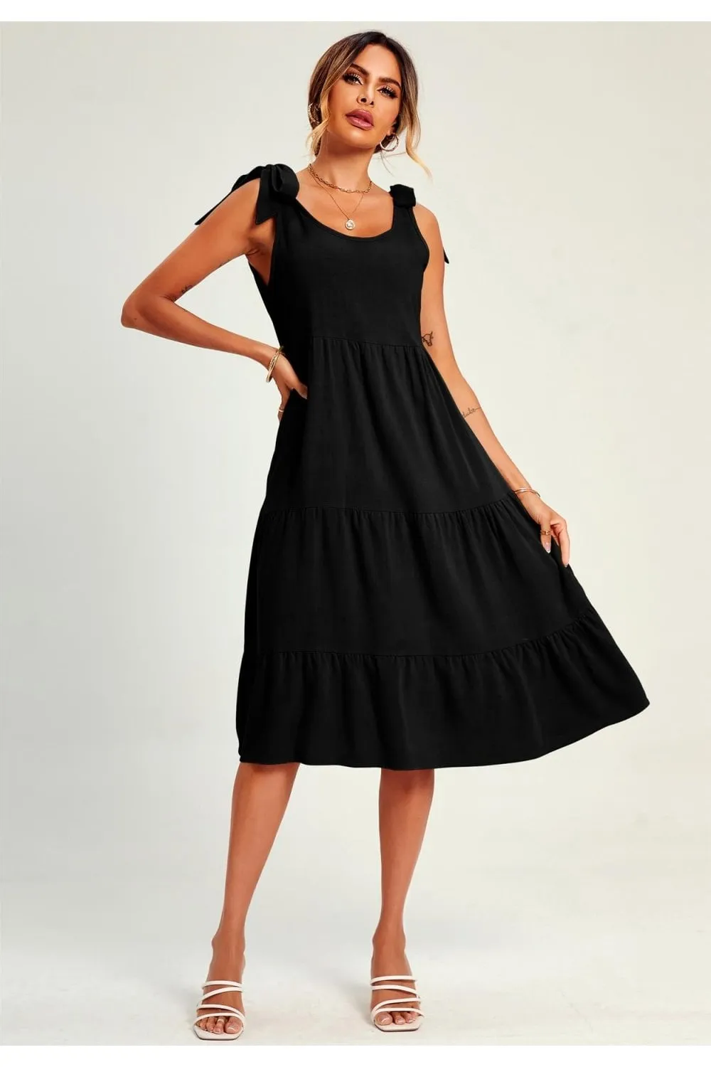 Relaxed Linen Self Tie Shoulder Tiered Midi Dress In Black