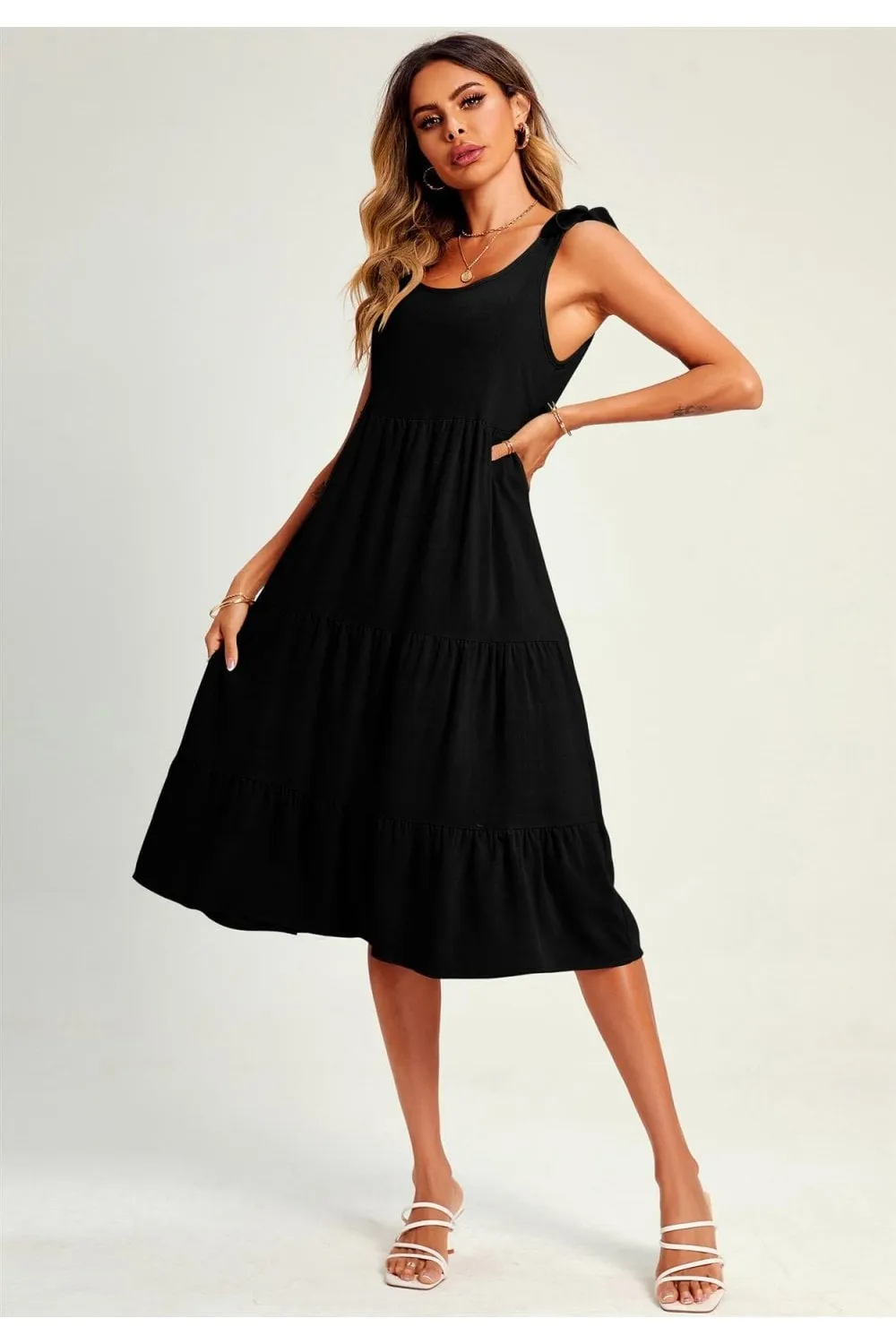 Relaxed Linen Self Tie Shoulder Tiered Midi Dress In Black