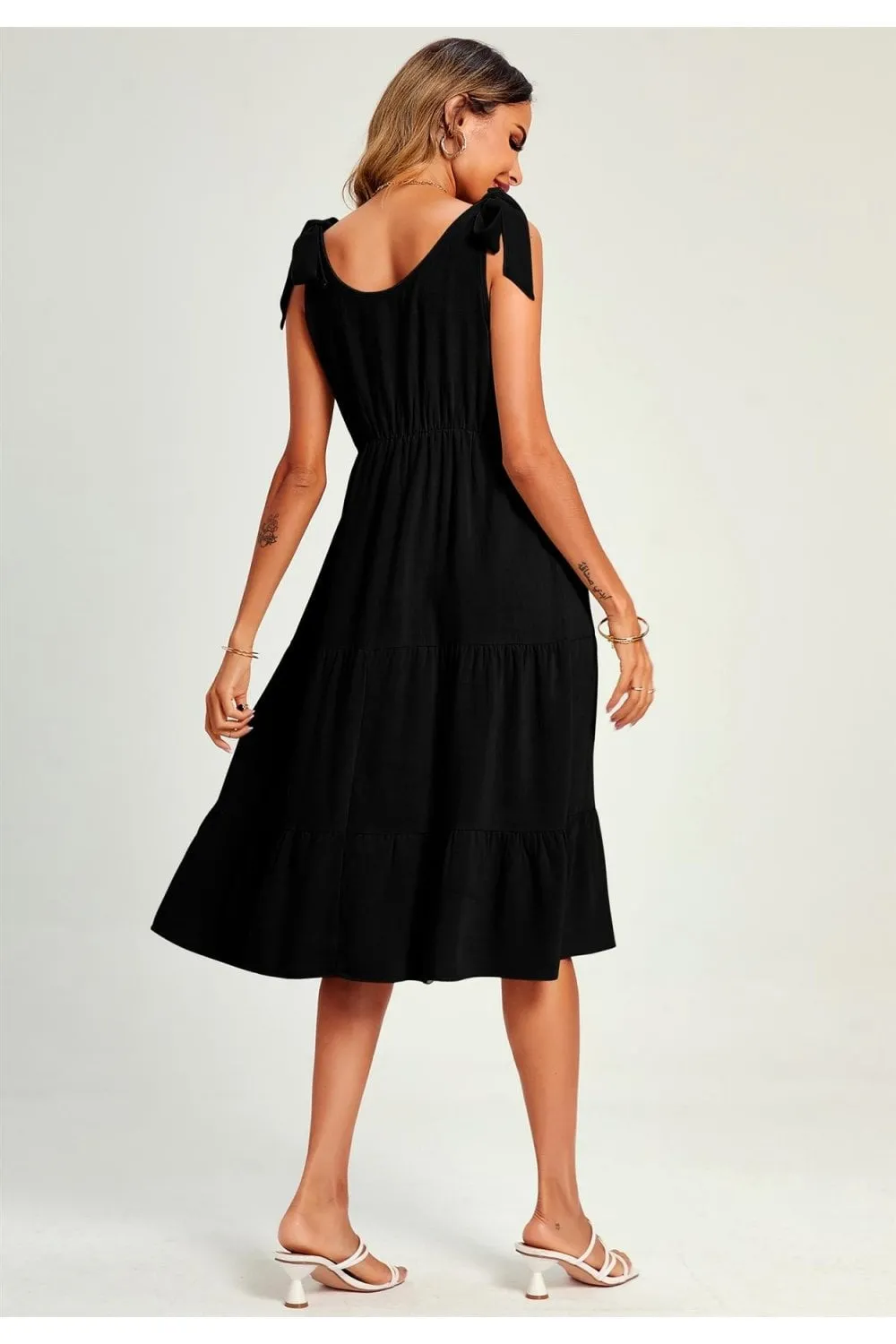 Relaxed Linen Self Tie Shoulder Tiered Midi Dress In Black