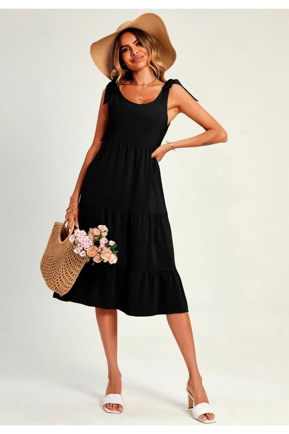 Relaxed Linen Self Tie Shoulder Tiered Midi Dress In Black