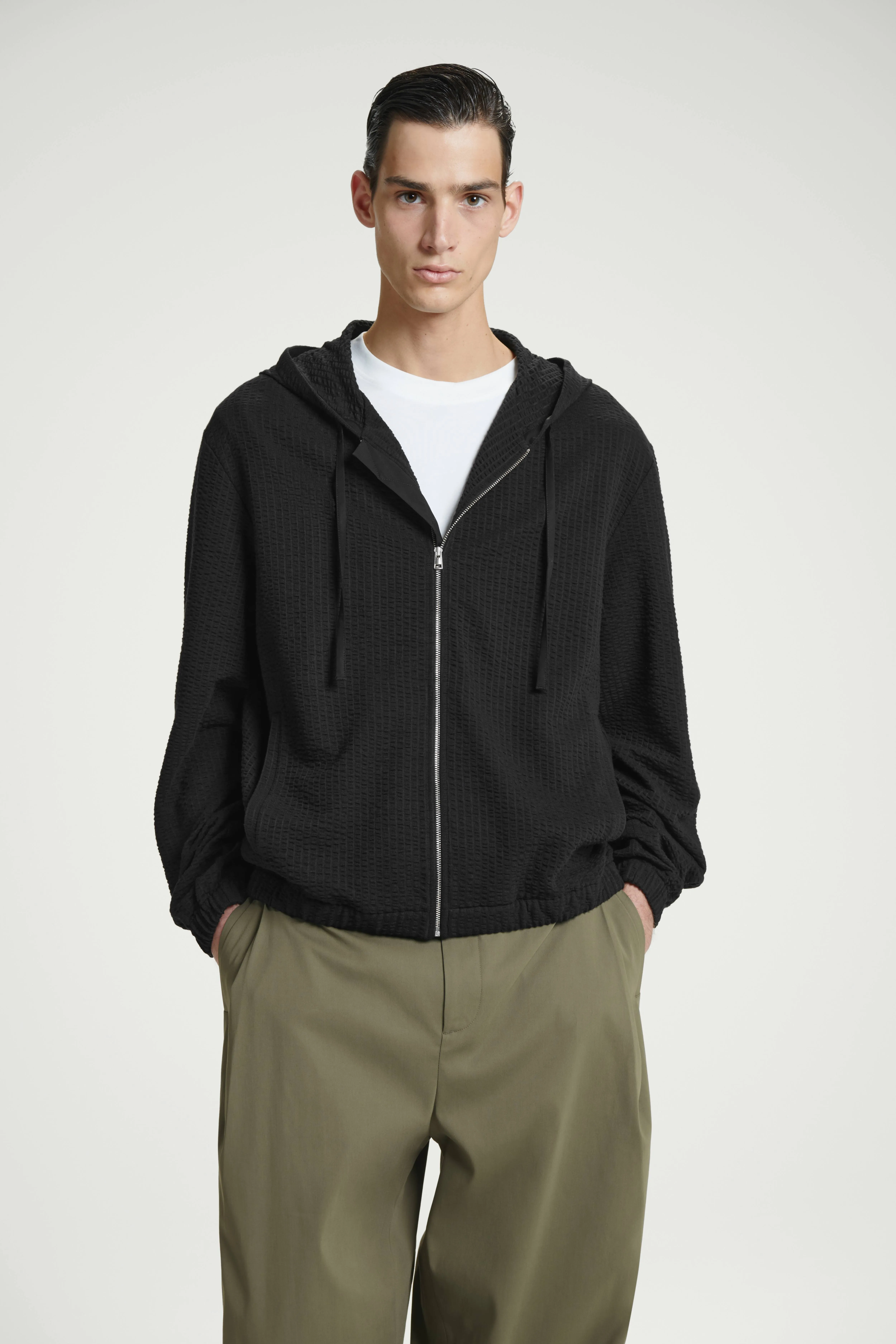 RIBBED JERSEY ZIP-UP HOODIE - Round neck - Long sleeve - BLACK - Men | H&M GB