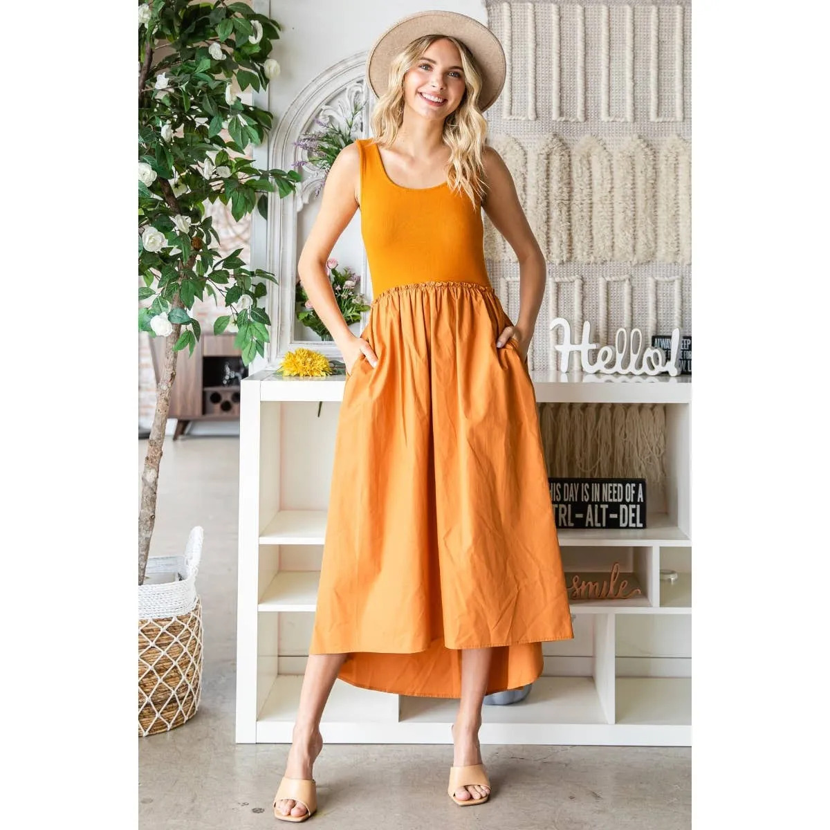 Ribbed knit top and Parachute Skirt Long Dress: Ginger / L