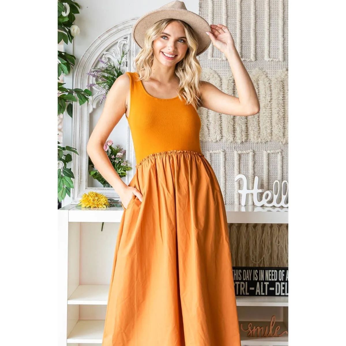 Ribbed knit top and Parachute Skirt Long Dress: Ginger / L