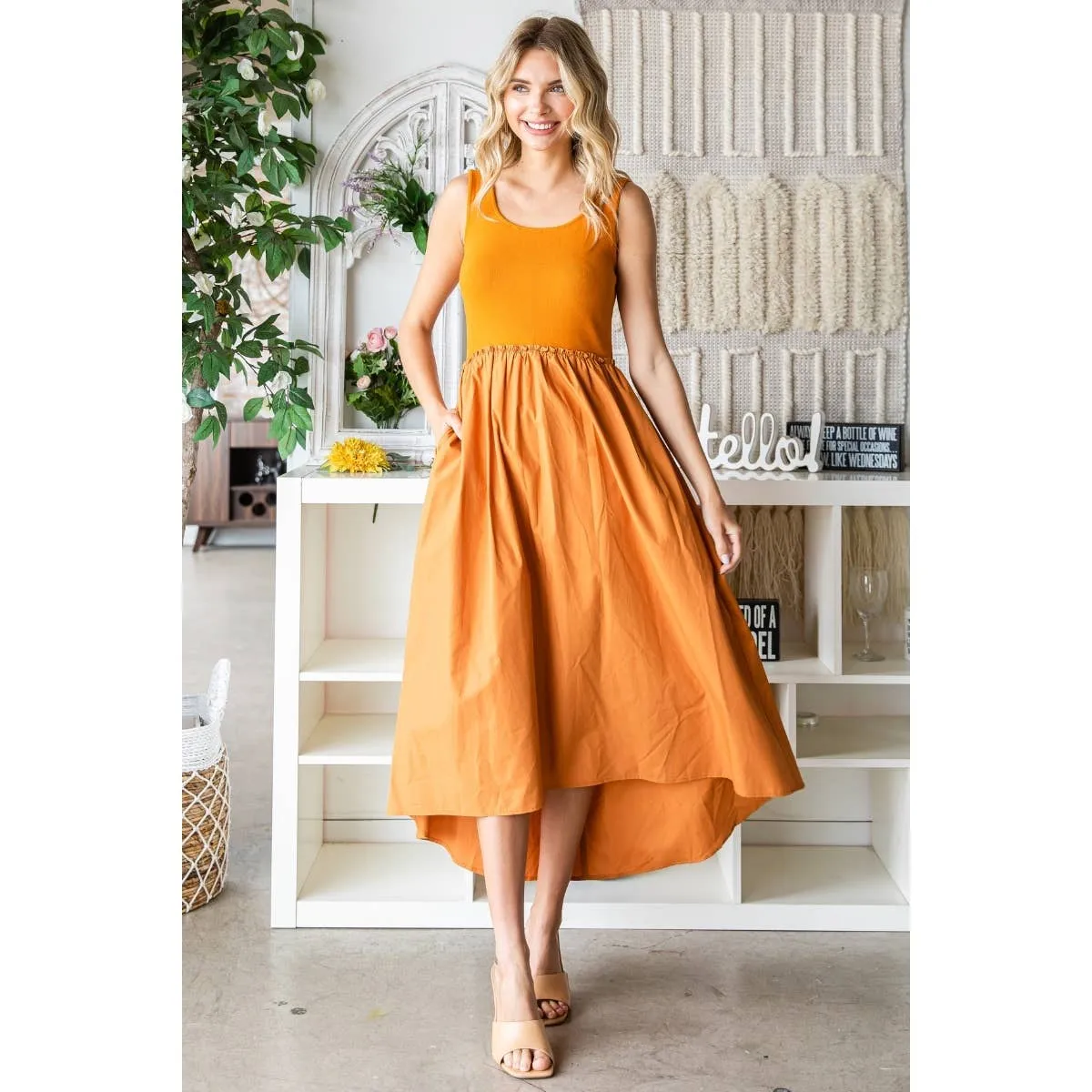 Ribbed knit top and Parachute Skirt Long Dress: Ginger / L