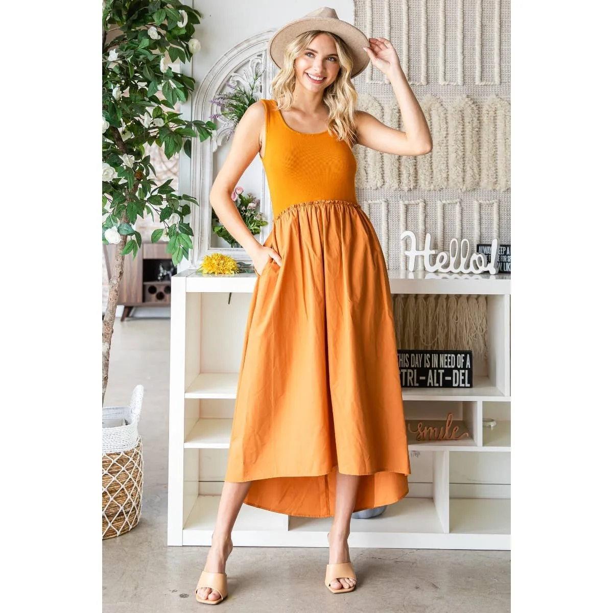 Ribbed knit top and Parachute Skirt Long Dress: Ginger / L