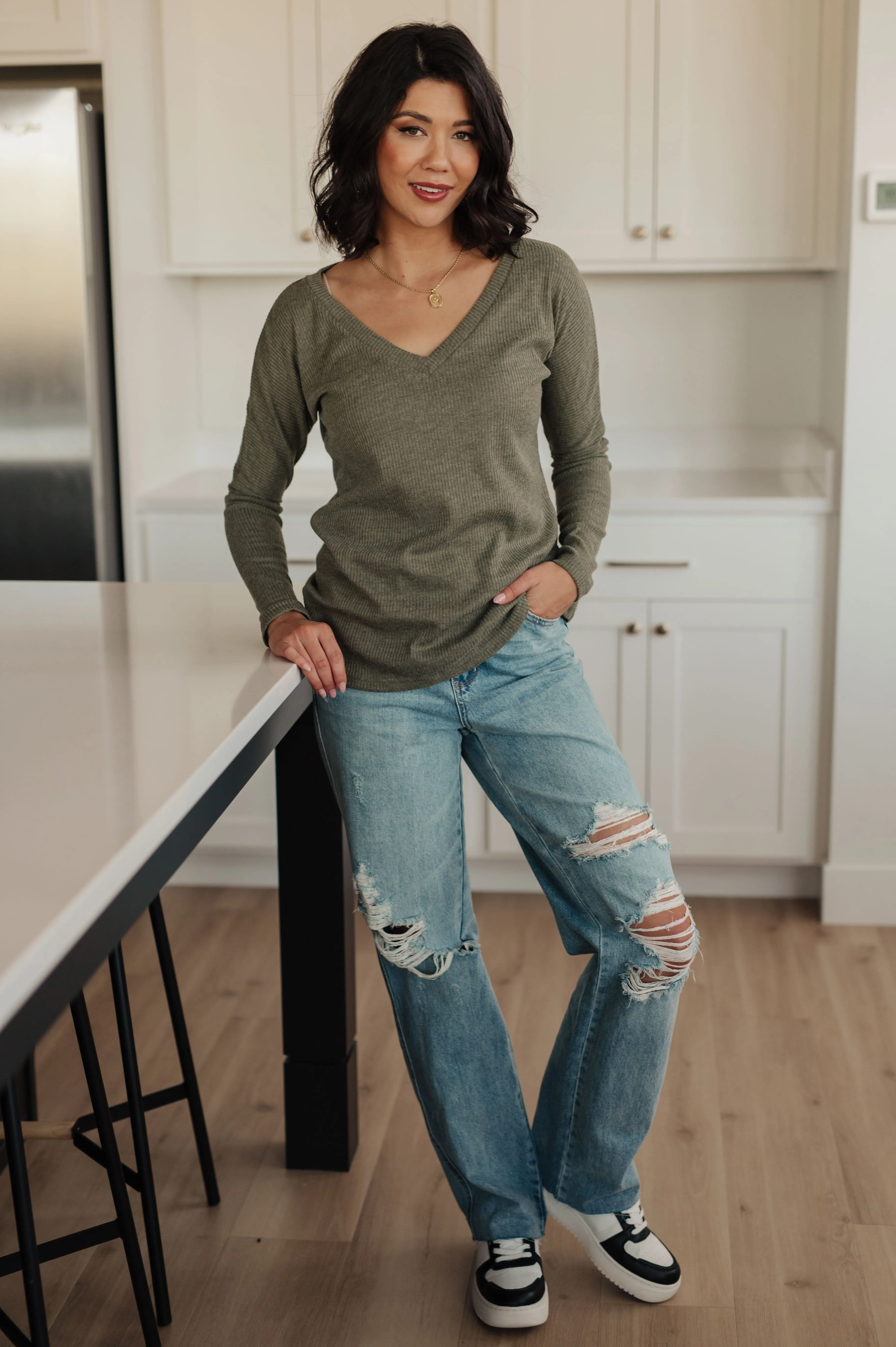 Ribbed Knit V Neck Long Sleeve Top