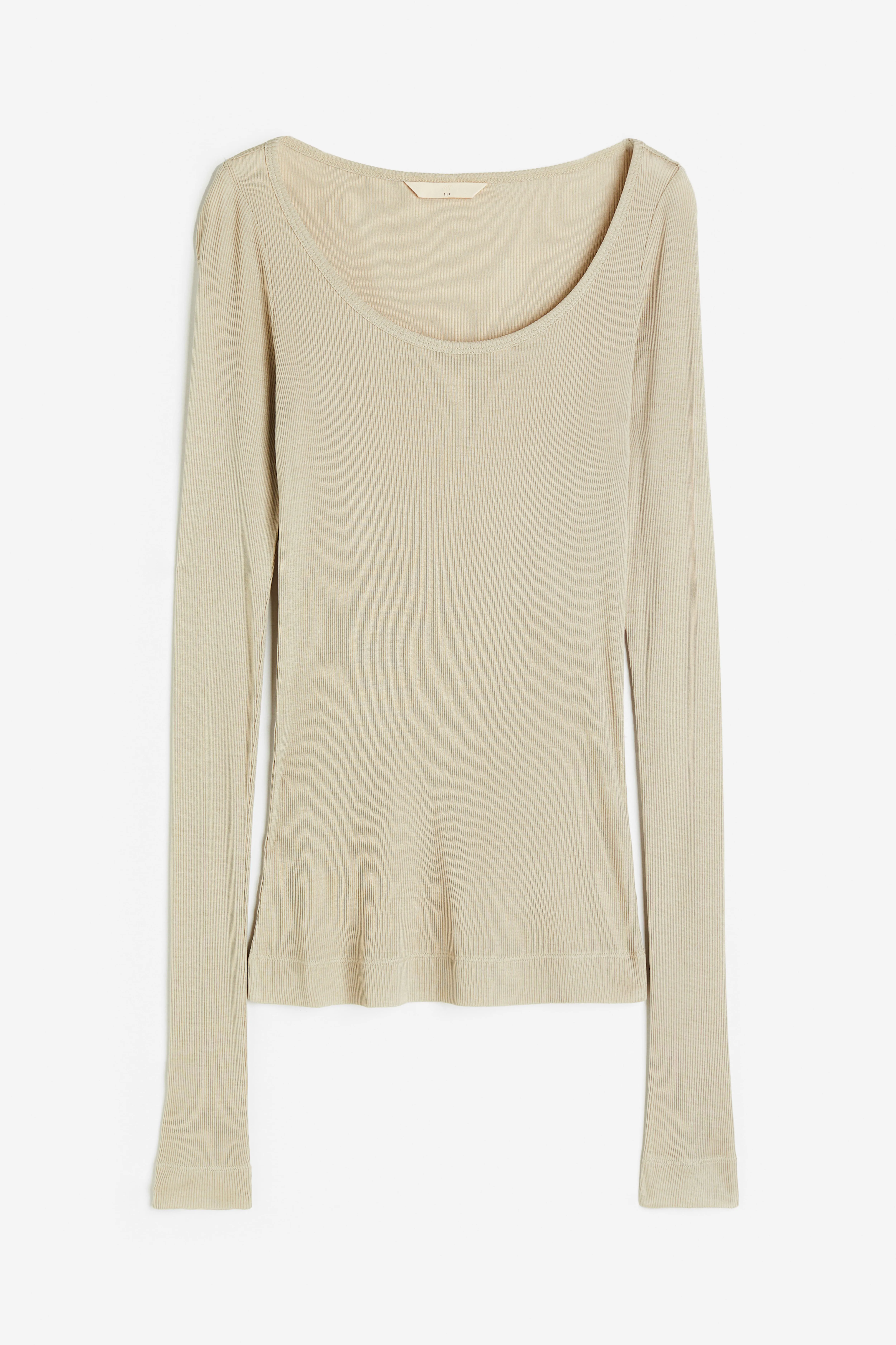 Ribbed silk top - Deep neckline - Long sleeve - Light beige - Ladies | H&M GB