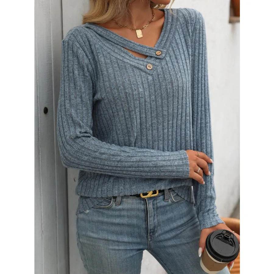 Ribbed V-Neck Long Sleeve T-Shirt