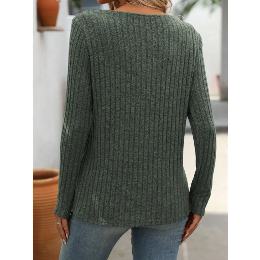 Ribbed V-Neck Long Sleeve T-Shirt