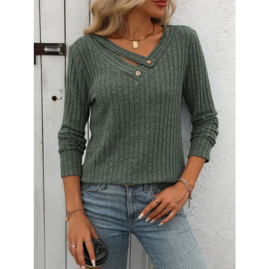 Ribbed V-Neck Long Sleeve T-Shirt