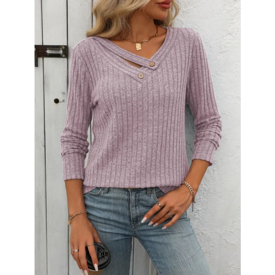 Ribbed V-Neck Long Sleeve T-Shirt