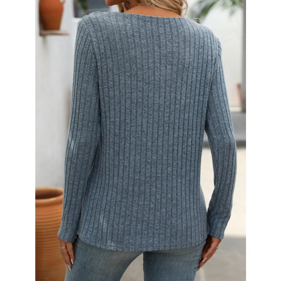 Ribbed V-Neck Long Sleeve T-Shirt