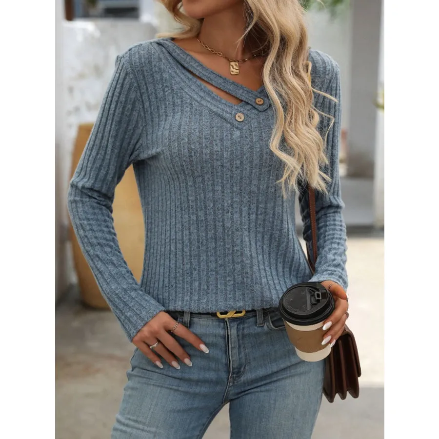 Ribbed V-Neck Long Sleeve T-Shirt